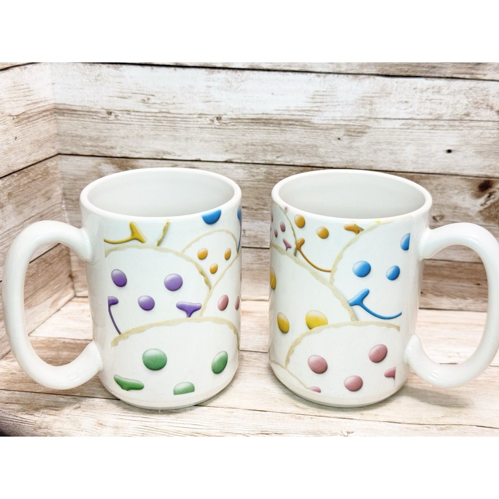 Set 2 Sweet Sugar Cookie Coffee Hot Chocolate Mugs Happy Smile USA Pottery Retro